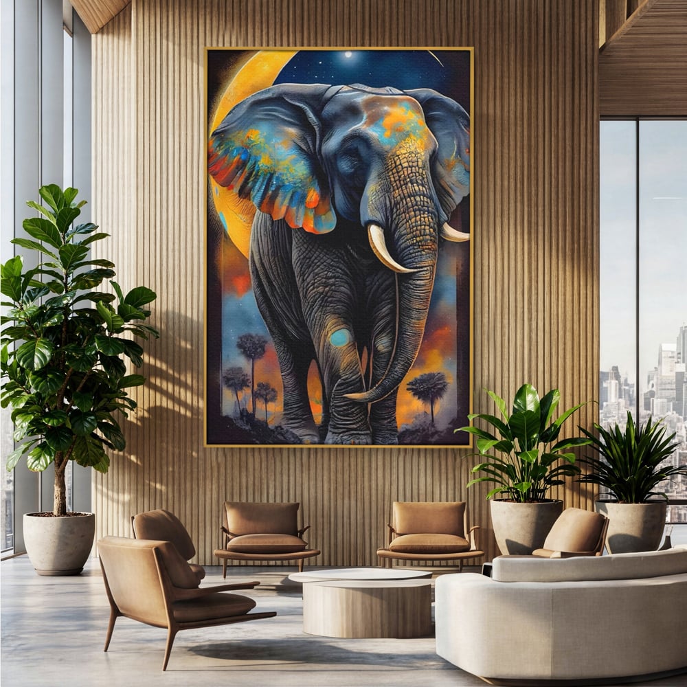 Tablou canvas cu tablou canvas cu elefant colorat si luna, in rama de aluminiu auriu, pe perete intr-un birou